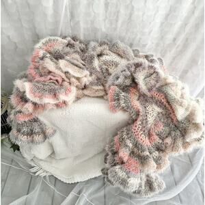 Hand Made LONG Curly Crochet CORKSCREW Throw Blanket FUZZY Grey Beige Pink